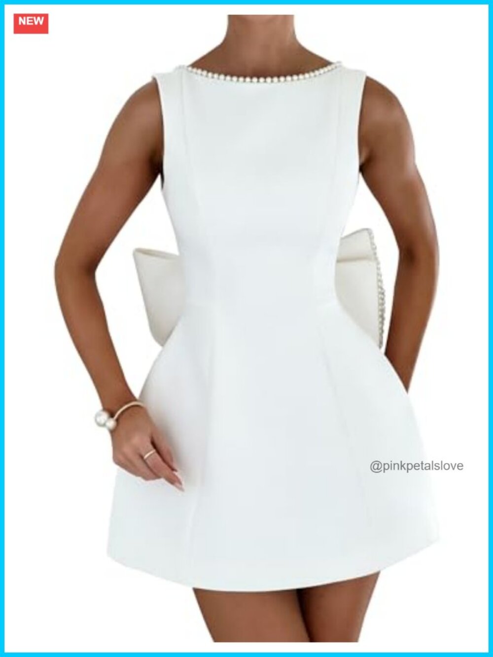 Women's A-Line Sleeveless Pearl Dress with Bow Crew Neck Mini Formal